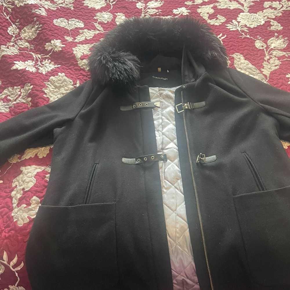 Black Calvin Klein  Coat with Faux Fur Hood